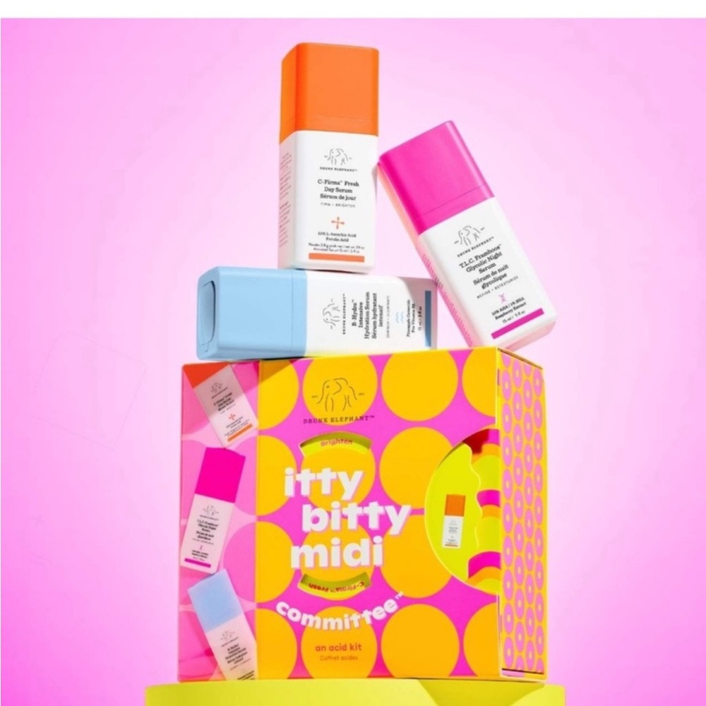 Drunk Elephant Skincare Set with Pink, Orange, and Blue Accents